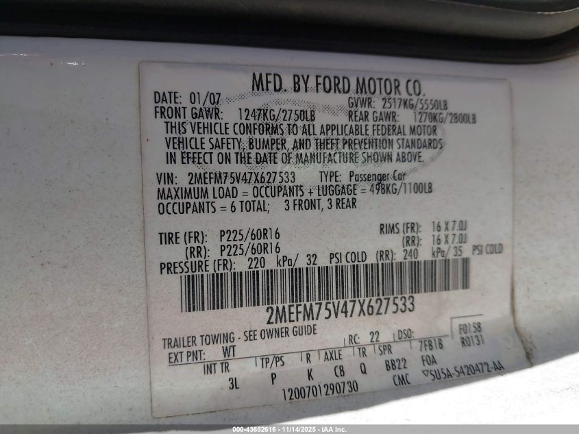 2007 Mercury Grand Marquis Ls VIN: 2MEFM75V47X627533 Lot: 43652616