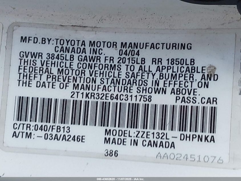 2004 Toyota Matrix Xr VIN: 2T1KR32E64C311758 Lot: 43652628