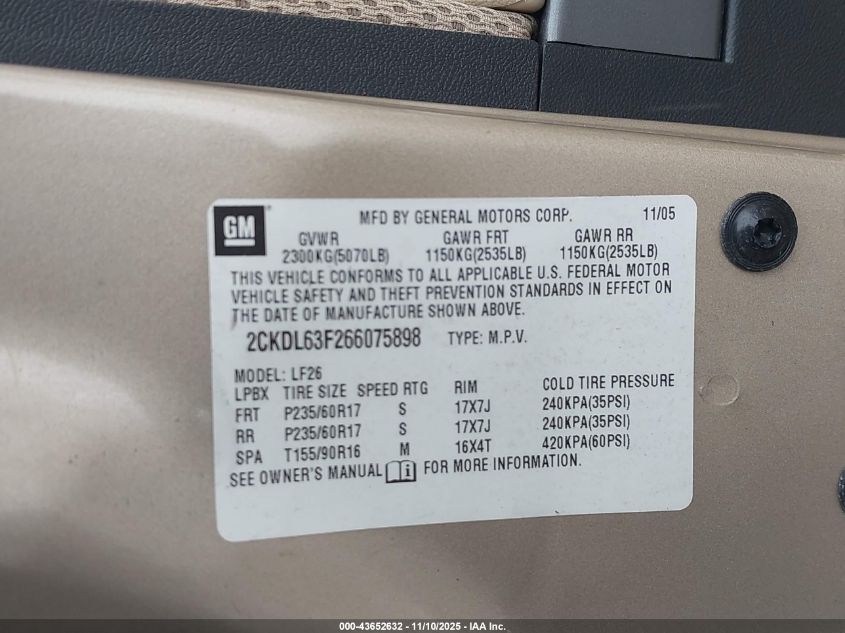 2006 Pontiac Torrent VIN: 2CKDL63F266075898 Lot: 43652632