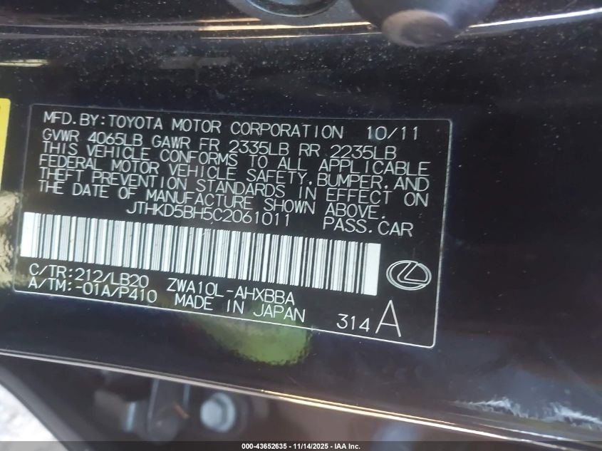 2012 Lexus Ct 200H VIN: JTHD5BH5C2061011 Lot: 43652635