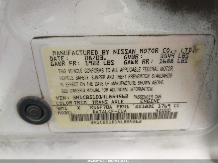 3N1CB51D14L854562 2004 NISSAN SENTRA photo no. 9