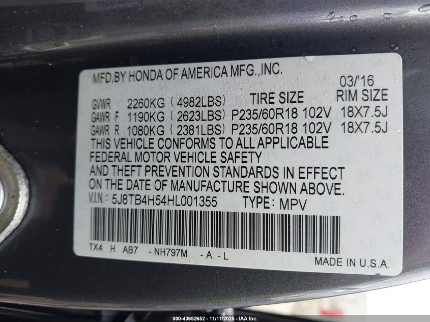 2017 Acura Rdx Technology Acurawatch Plus Packages/W/Technology Package VIN: 5J8TB4H54HL001355 Lot: 43652652