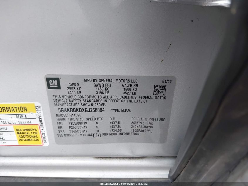 2016 Buick Enclave Leather VIN: 5GAKRBKDXGJ266884 Lot: 43652654