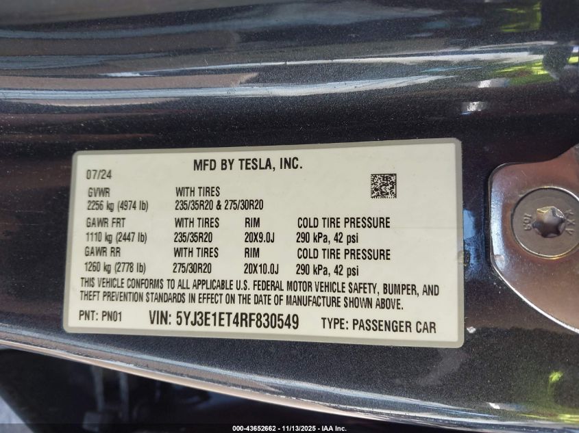 2024 Tesla Model 3 Performance All-Wheel Drive VIN: 5YJ3E1ET4RF830549 Lot: 43652662