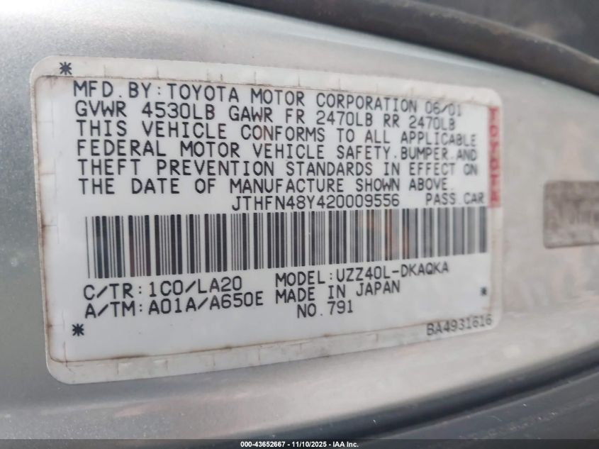 2002 Lexus Sc 430 VIN: JTHFN48Y420009556 Lot: 43652667