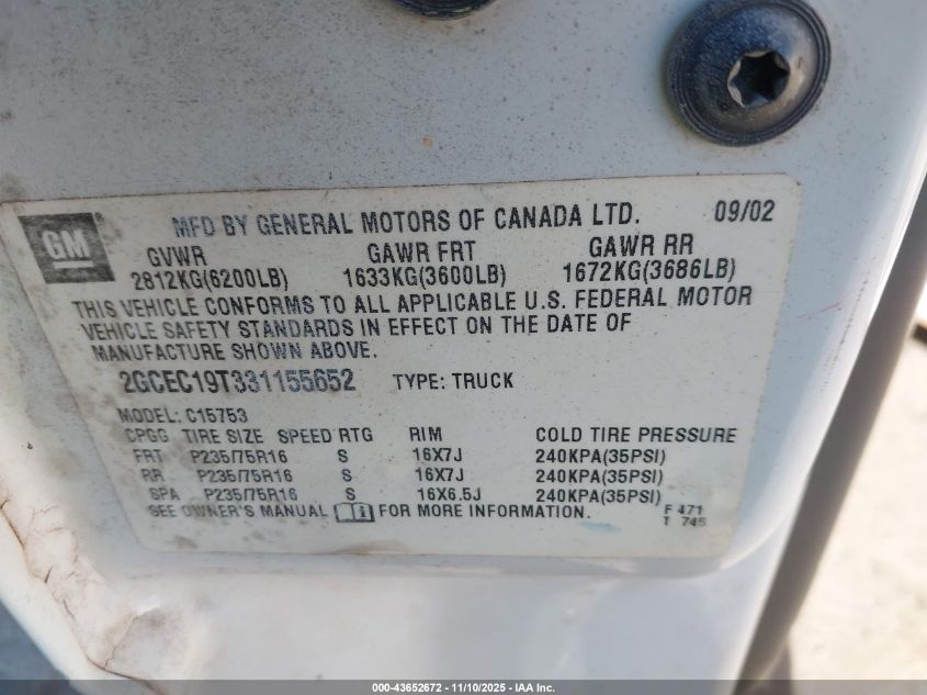 2003 Chevrolet Silverado 1500 Ls VIN: 2GCEC19T331155652 Lot: 43652672