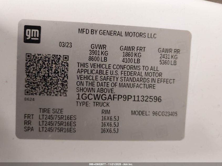 2023 Chevrolet Express Cargo Rwd 2500 Regular Wheelbase Wt VIN: 1GCWGAFP9P1132596 Lot: 43652677