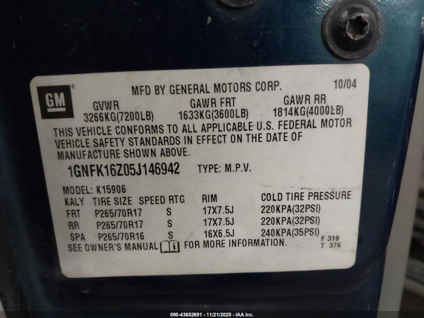 2005 Chevrolet Suburban 1500 Lt VIN: 1GNFK16Z05J146942 Lot: 43652691