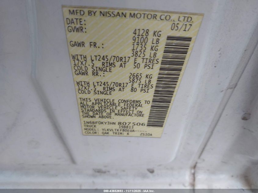 2017 Nissan Nv Cargo Nv2500 Hd Sv V6 VIN: 1N6BF0KY3HN807506 Lot: 43652693