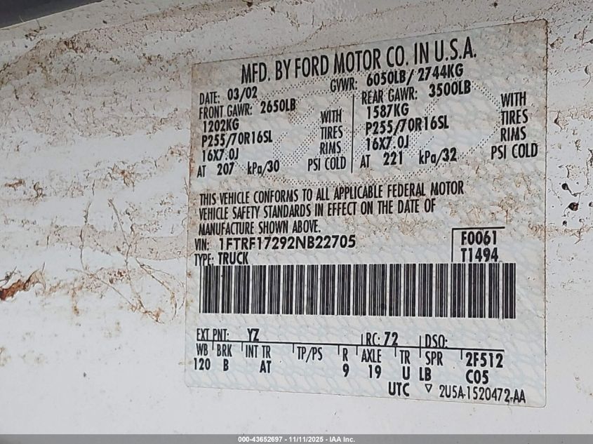 2002 Ford F-150 Xl/Xlt VIN: 1FTRF17292NB22705 Lot: 43652697