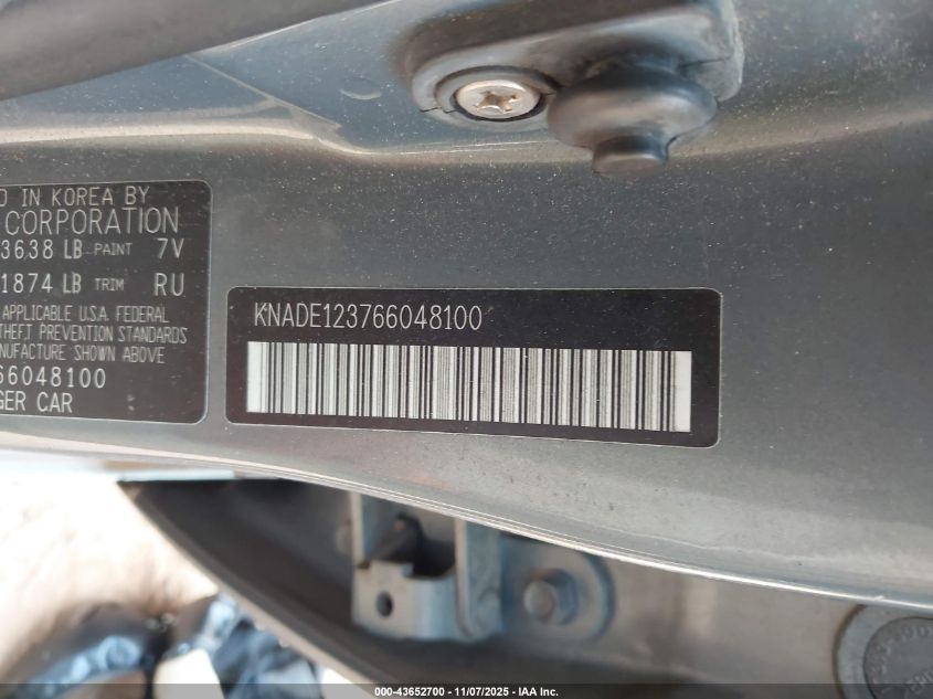 2006 Kia Rio Lx VIN: KNADE123766048100 Lot: 43652700