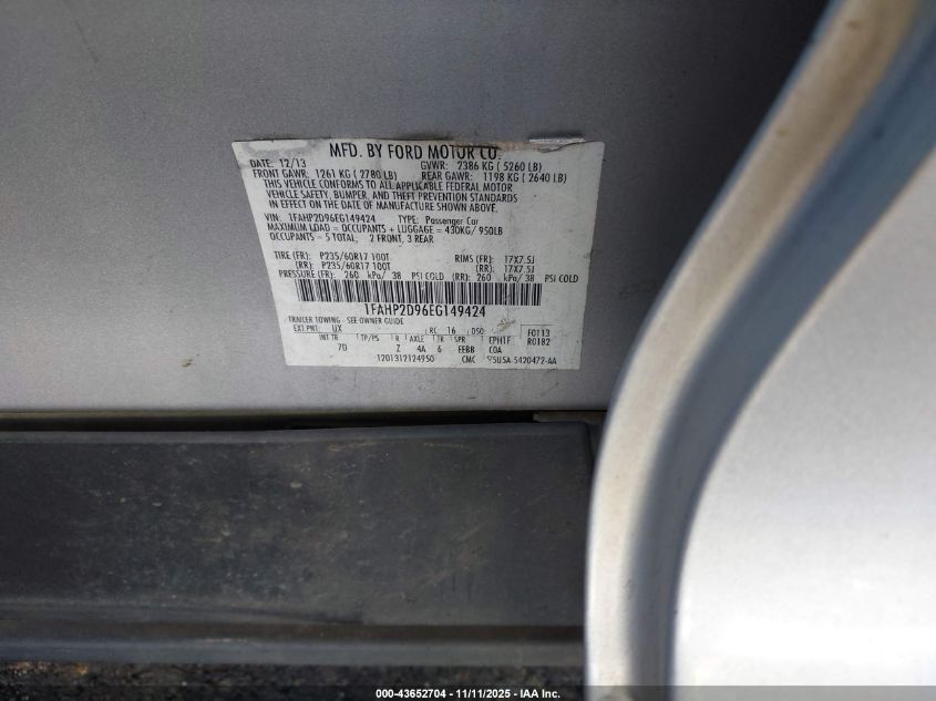 2014 Ford Taurus Se VIN: 1FAHP2D96EG149424 Lot: 43652704