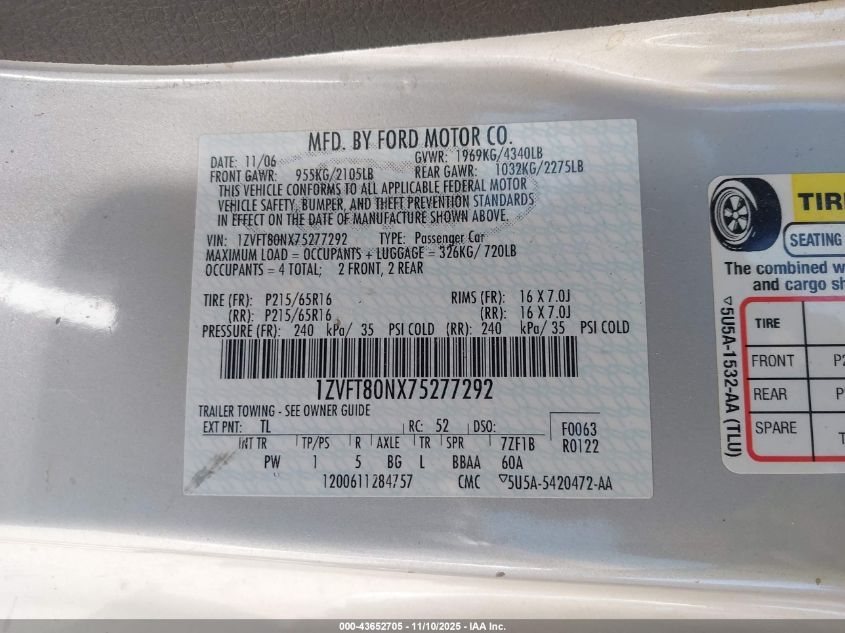 2007 Ford Mustang V6 Deluxe/V6 Premium VIN: 1ZVFT80NX75277292 Lot: 43652705