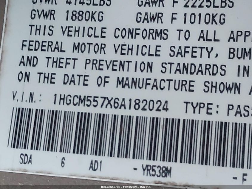 2006 Honda Accord 2.4 Ex VIN: 1HGCM557X6A182024 Lot: 43652706