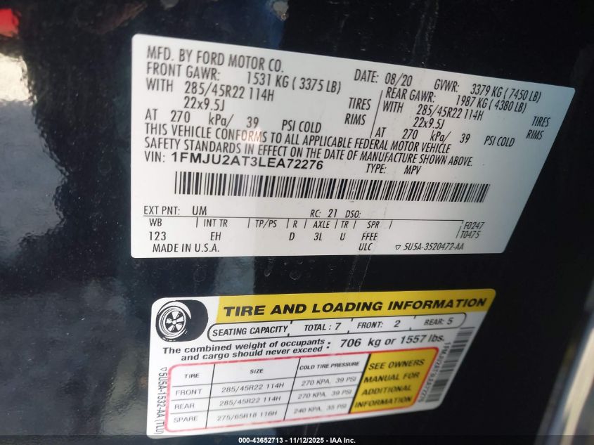2020 Ford Expedition Limited VIN: 1FMJU2AT3LEA72276 Lot: 43652713
