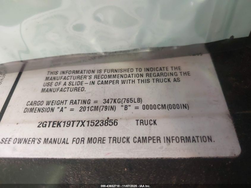 1999 GMC Sierra 1500 Sle VIN: 2GTEK19T7X1523856 Lot: 43652718