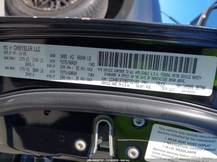 2009 Dodge Ram 1500 Laramie VIN: 1D3HB13T29S722183 Lot: 43652733