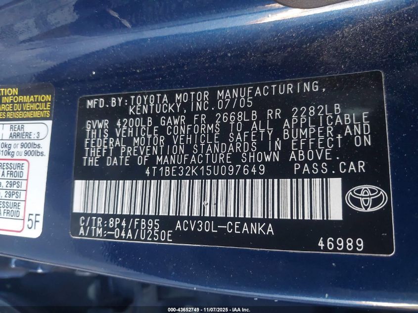 2005 Toyota Camry Le VIN: 4T1BE32K15U097649 Lot: 43652749