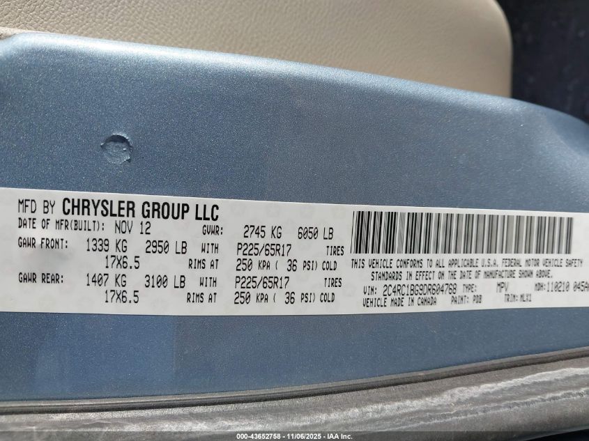 2013 Chrysler Town & Country Touring VIN: 2C4RC1BG9DR604768 Lot: 43652758