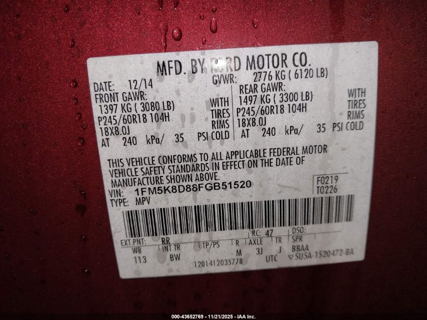2015 Ford Explorer Xlt VIN: 1FM5K8D88FGB51520 Lot: 43652769