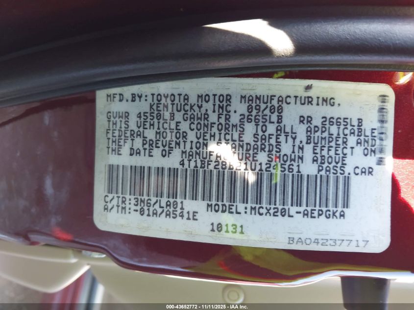 2001 Toyota Avalon Xls VIN: 4T1BF28B21U124561 Lot: 43652772