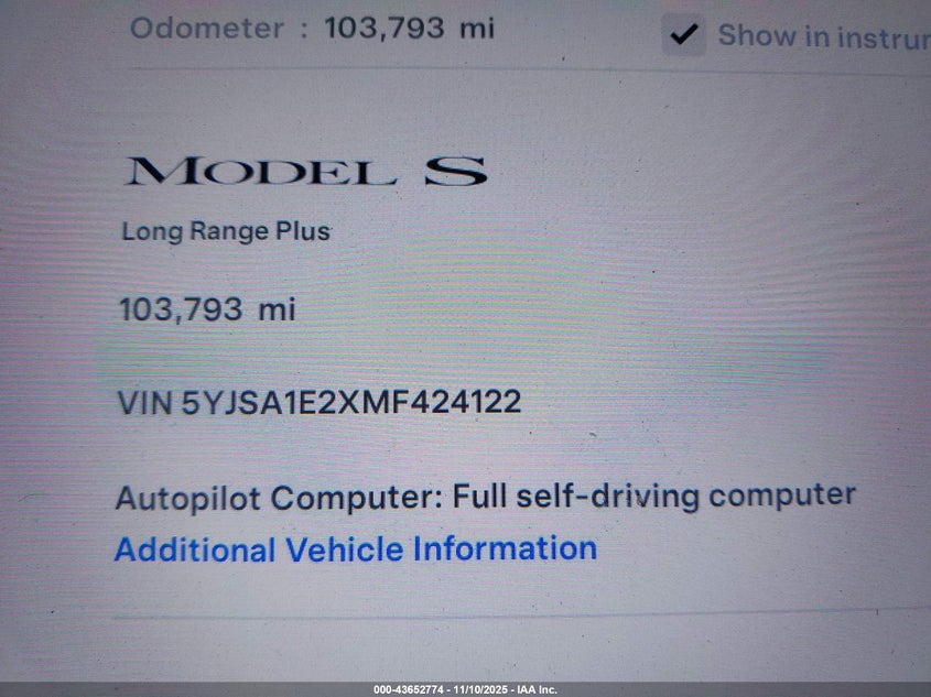 2021 Tesla Model S Long Range Dual Motor All-Wheel Drive/Long Range Plus Dual Motor All-Wheel Drive VIN: 5YJSA1E2XMF424122 Lot: 43652774
