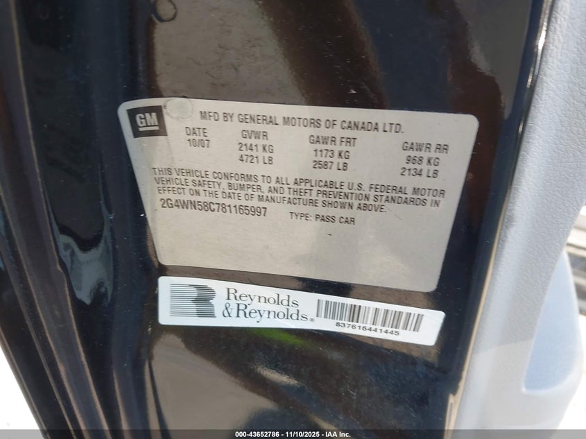 2008 Buick Lacrosse Super VIN: 2G4WN58C781165997 Lot: 43652786