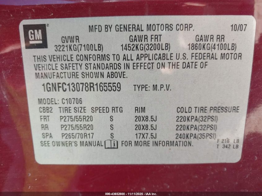 2008 Chevrolet Tahoe Lt VIN: 1GNFC13078R165559 Lot: 43652800