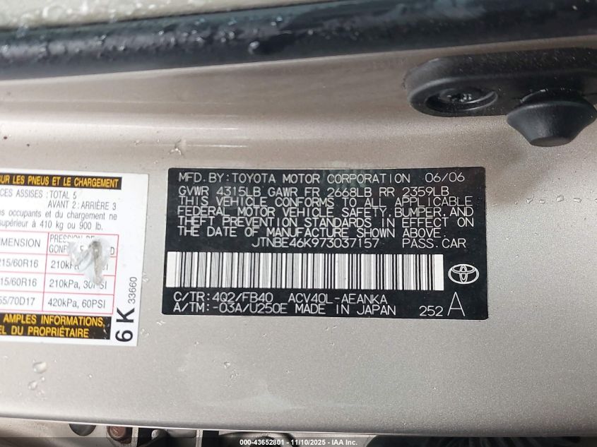 2007 Toyota Camry Le VIN: JTNBE46K973037157 Lot: 43652801