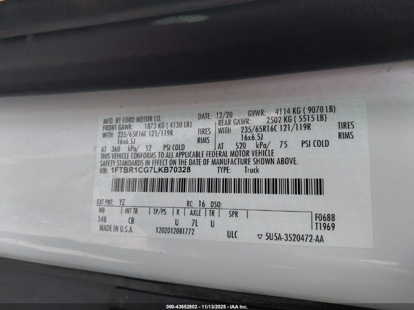 2020 Ford Transit-250 VIN: 1FTBR1CG7LKB70328 Lot: 43652802