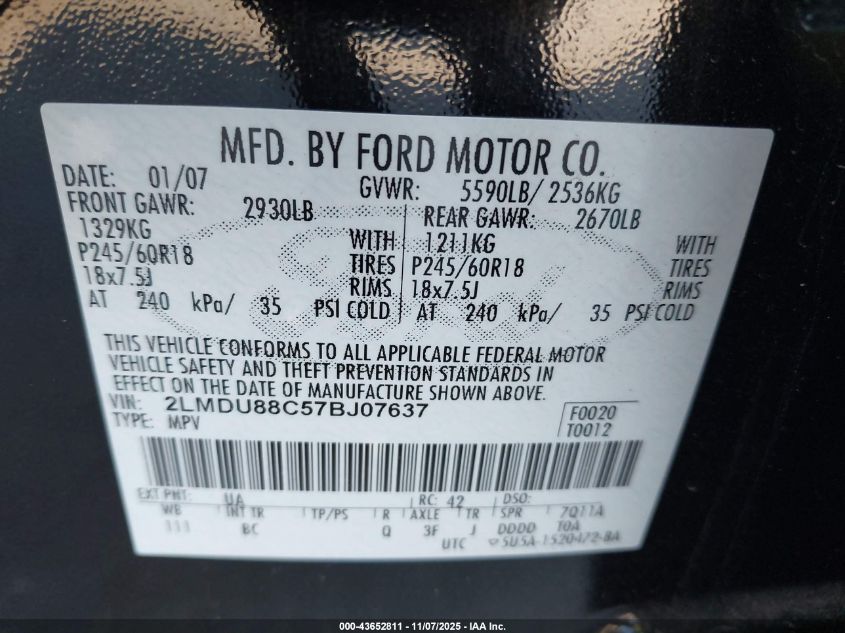 2007 Lincoln Mkx VIN: 2LMDU88C57BJ07637 Lot: 43652811