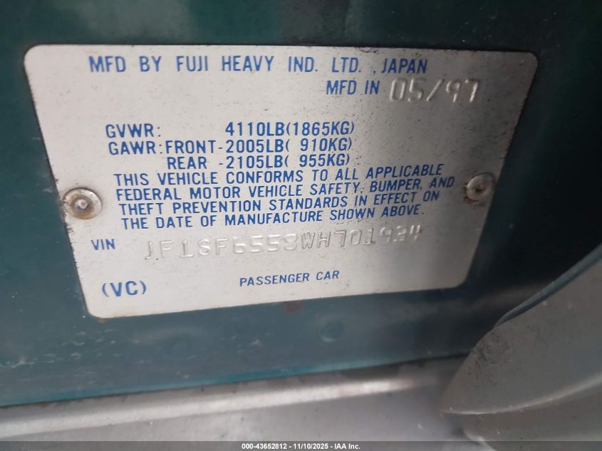 1998 Subaru Forester S VIN: JF1SF6558WH701934 Lot: 43652812