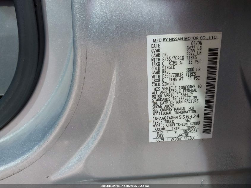 2006 Nissan Titan Se VIN: 1N6AA07A86N556324 Lot: 43652813