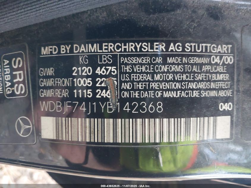 2000 Mercedes-Benz E 55 Amg VIN: WDBJF74J1YB142368 Lot: 43652825