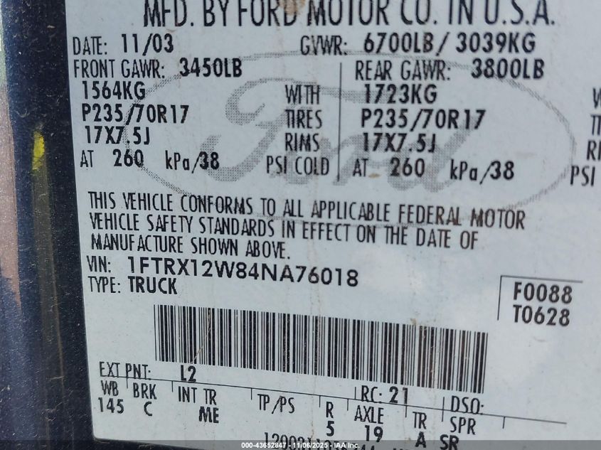 2004 Ford F-150 Stx/Xl/Xlt VIN: 1FTRX12W84NA76018 Lot: 43652847