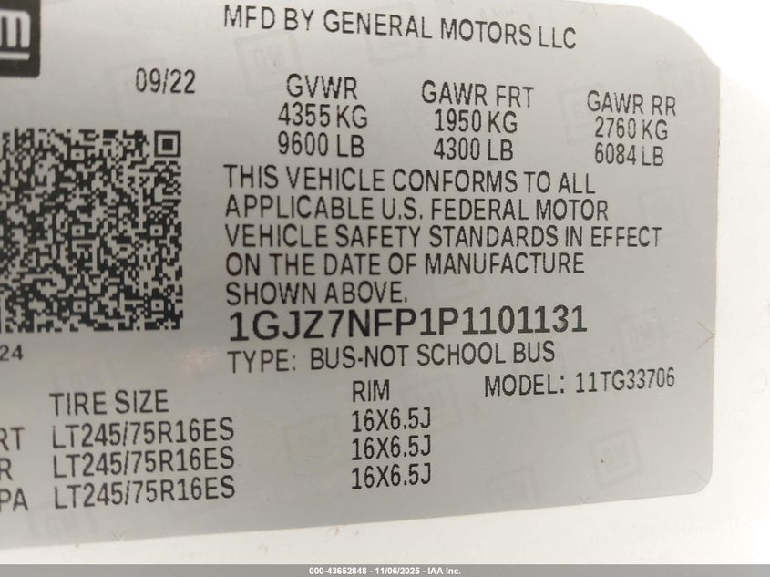 2023 GMC SAVANA PASSENGER 4.3L V-6 DI, VVT, 27(VIN: 1GJZ7NFP1P1101131