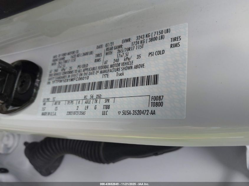 2021 Ford F-150 Xl VIN: 1FTFW1E81MFC06010 Lot: 43652849