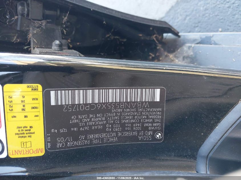 2006 BMW 550I VIN: WBANB535X6CP01752 Lot: 43652855