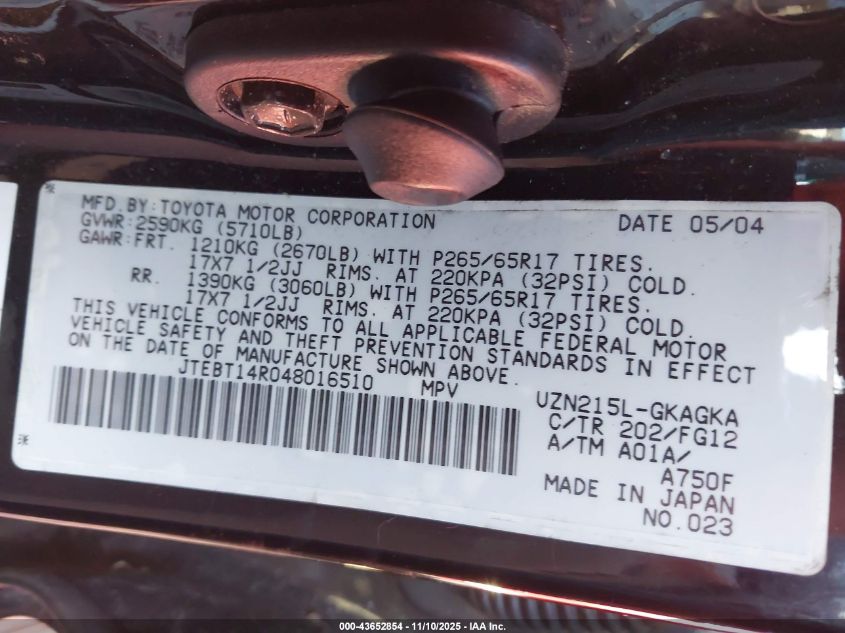 2004 Toyota 4Runner Sr5 V8 VIN: JTEBT14R048016510 Lot: 43652854