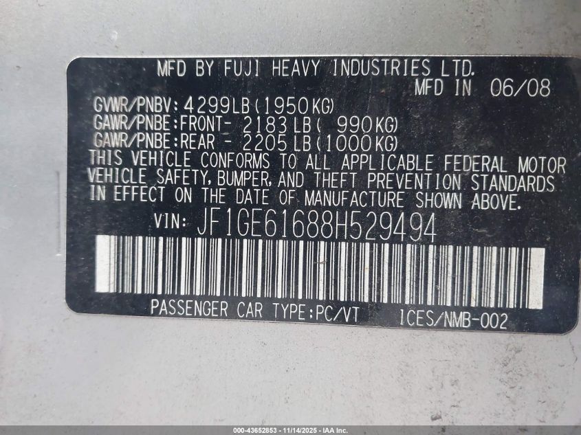 2008 Subaru Impreza 2.5I VIN: JF1GE61688H529494 Lot: 43652853