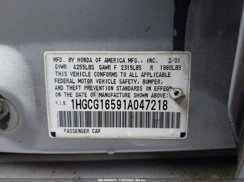 2001 Honda Accord 3.0 Ex VIN: 1HGCG16591A047218 Lot: 43652870