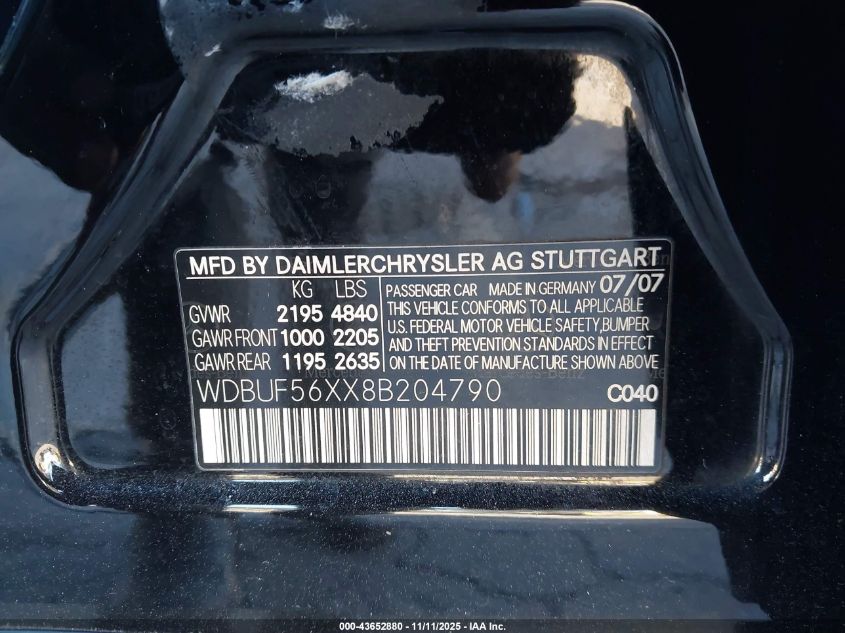 2008 Mercedes-Benz E 350 VIN: WDBUF56XX8B204790 Lot: 43652880