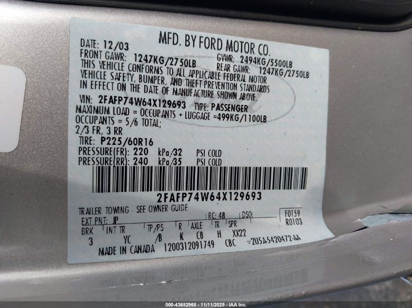 2004 Ford Crown Victoria Lx VIN: 2FAFP74W64X129693 Lot: 43652968