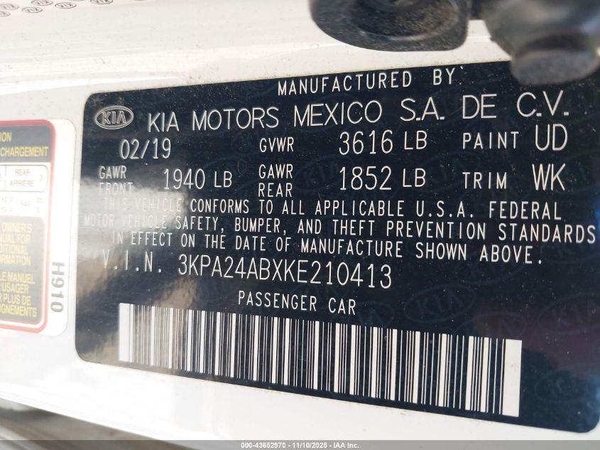 2019 Kia Rio Lx VIN: 3KPA24ABXKE210413 Lot: 43652970