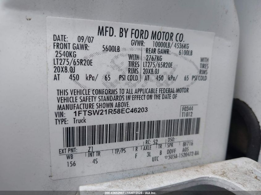 2008 Ford F-250 Fx4/Harley-Davidson/King Ranch/Lariat/Xl/Xlt VIN: 1FTSW21R58EC46203 Lot: 43652987