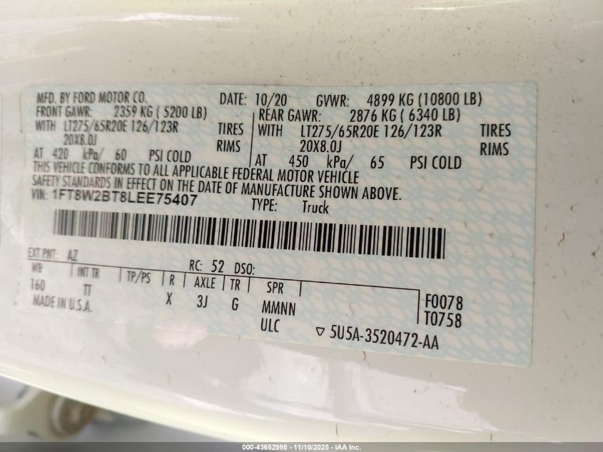 2020 Ford F-250 Limited VIN: 1FT8W2BT8LEE75407 Lot: 43652998