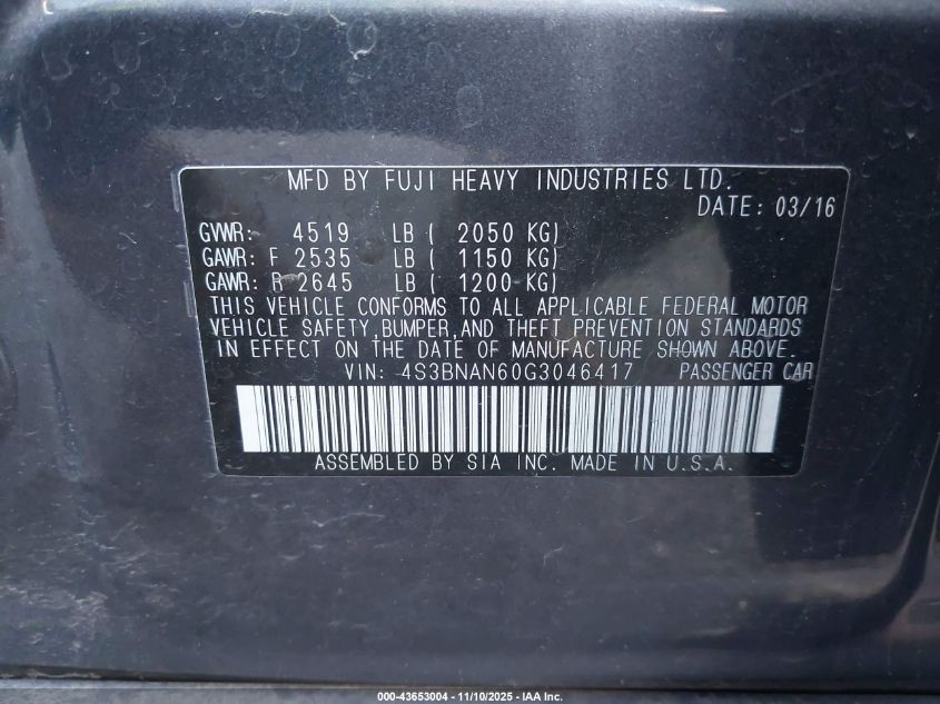 2016 Subaru Legacy 2.5I Limited VIN: 4S3BNAN60G3046417 Lot: 43653004