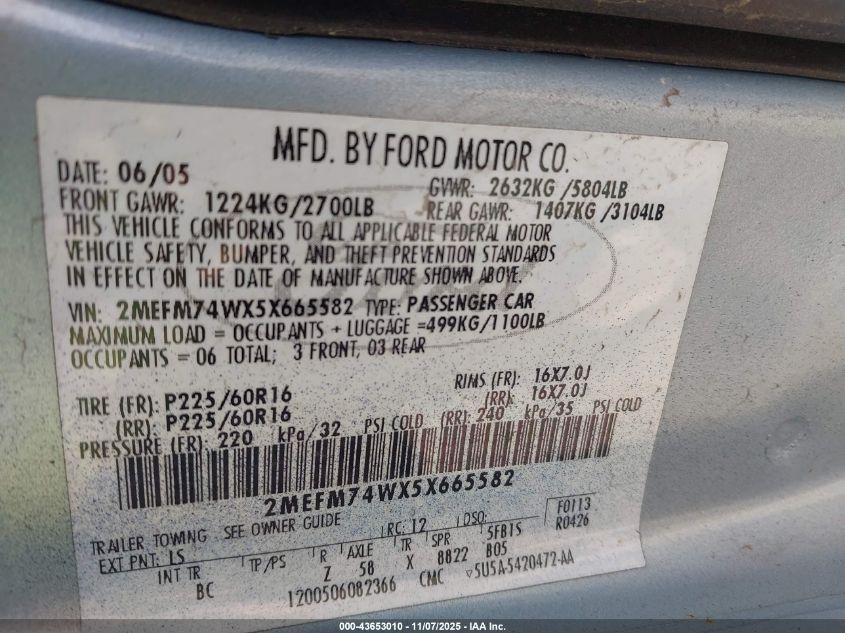 2005 Mercury Grand Marquis Gs VIN: 2MEFM74WX5X665582 Lot: 43653010