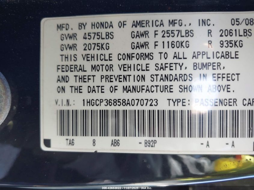 2008 Honda Accord 3.5 Ex-L VIN: 1HGCP36858A070723 Lot: 43653022