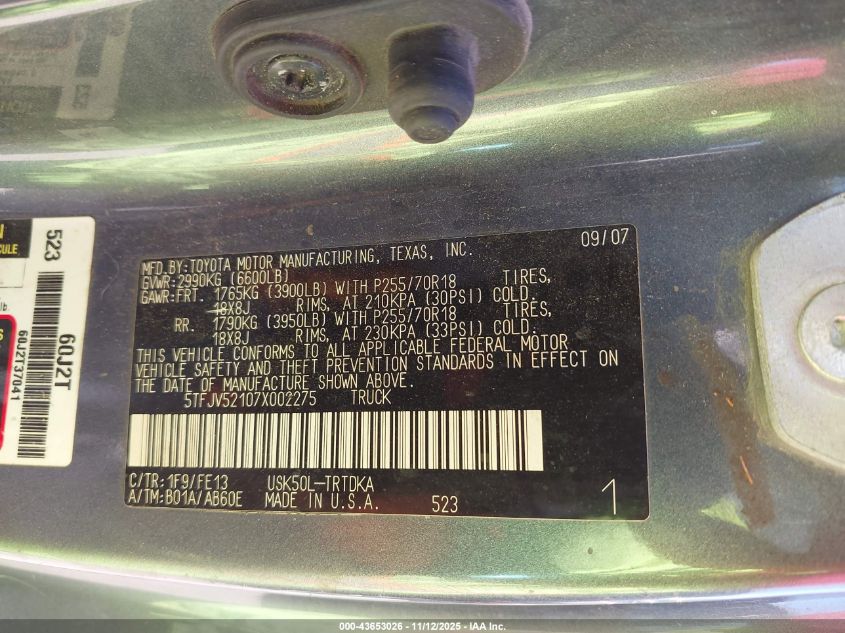 2007 Toyota Tundra Base 5.7L V8 VIN: 5TFJV52107X002275 Lot: 43653026